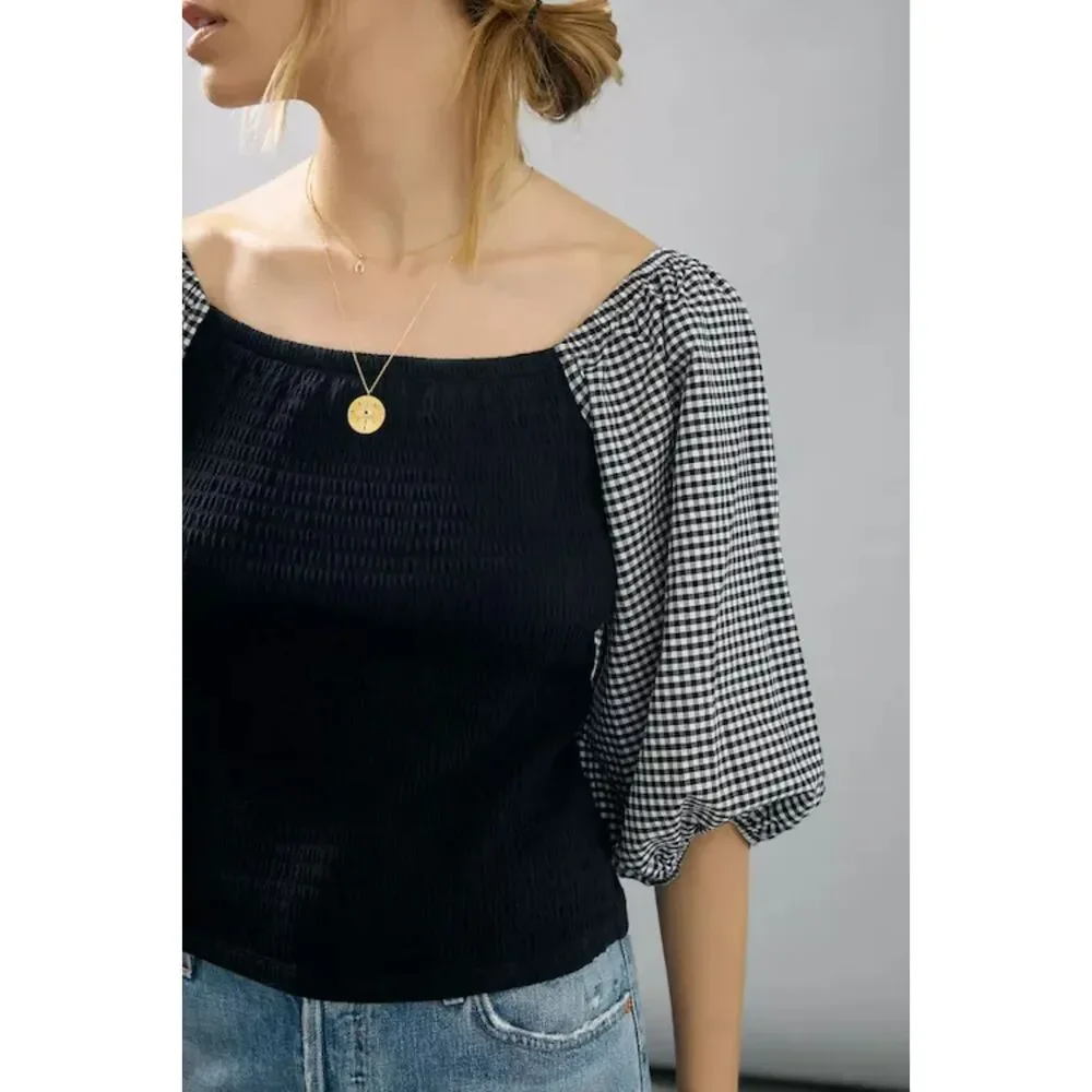 Who Wear What When Where Size S Black Top Gingham Puff Sleeve Anthropologie NWT